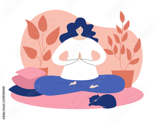 Woman meditating calmly at home. Young lady sitting on the carpet and doing yoga. Vector illustration on meditation theme in modern flat style. Stay at home concept.