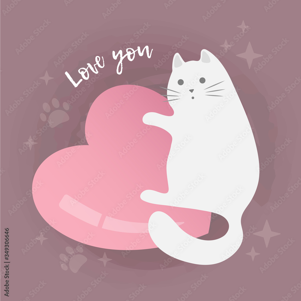 Cute cartoon white vector cat on big heart. Valentine's day card, save the date greeting card, love card. Background with paws and stars. Cute cartoon white vector cat on big heart. Valentine's day card, save the date greeting card, love card. Background with paws and stars.