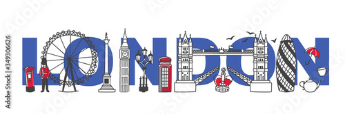 Vector illustration Symbols of London, the United Kingdom. Famous English landmarks and the city name behind. Horizontal skyline banner for souvenir print design or city promotion.