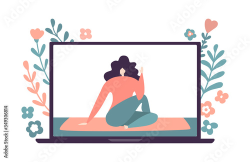 Vector illustration Online yoga. Woman practising yoga on the laptop screen. Half Lord of the Fishes yoga pose. Video workout for women. Active lifestyle during self-isolation and quarantine period.