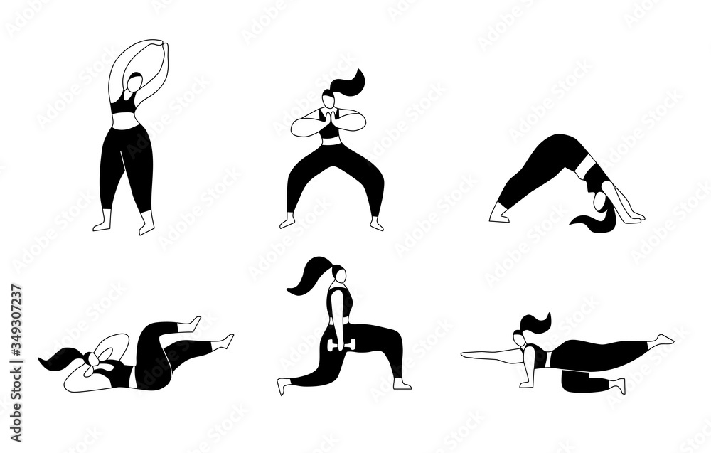 Young woman exercising at home. Step by step instructions. Workout poses vector illustration. Young woman exercising at home. Step by step instructions. Workout poses vector illustration.