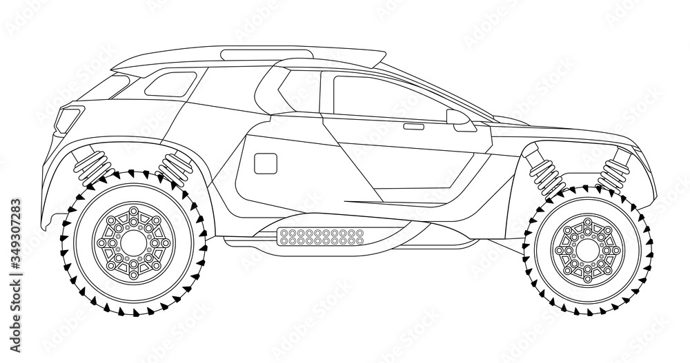 Vector line art rally car, concept design. Vehicle black contour ...