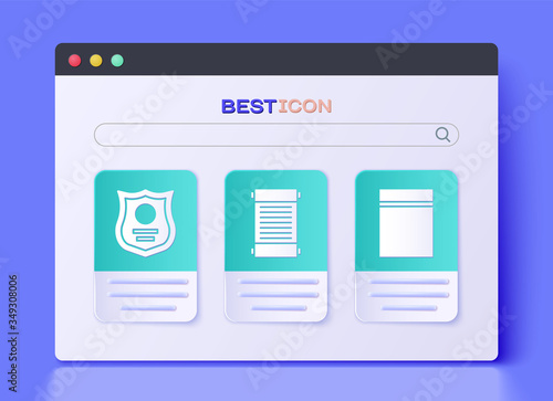 Set Decree, paper, parchment, scroll, Police badge and Plastic bag with ziplock icon. Vector