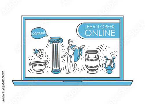 Learn the Greek language online. Doodle Greek symbols on the laptop screen. Internet course for the language learning. Famous Athens attractions in the line style. Distant and home education concept.