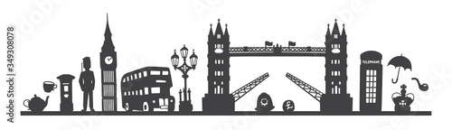 Vector illustration London skyline. Famous English symbols and attractions. Black silhouette of the city. Horizontal panoramic scene of the UK capital. 