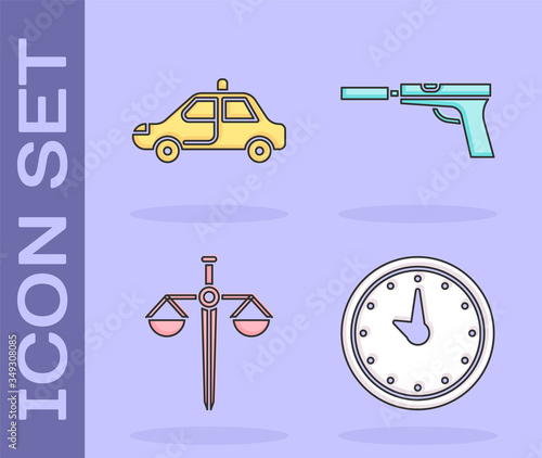 Set Clock, Police car and flasher, Scales of justice and Pistol or gun with silencer icon. Vector