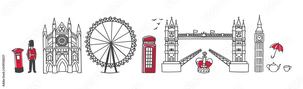 Vector illustration Symbols of London, the UK. Famous English landmarks in the row. Doodle Tower Bridge and Westminster Abbey. Horizontal skyline banner for souvenir print design or city promotion. - obrazy, fototapety, plakaty 