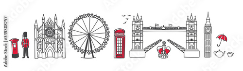 Vector illustration Symbols of London, the UK. Famous English landmarks in the row. Doodle Tower Bridge and Westminster Abbey. Horizontal skyline banner for souvenir print design or city promotion.