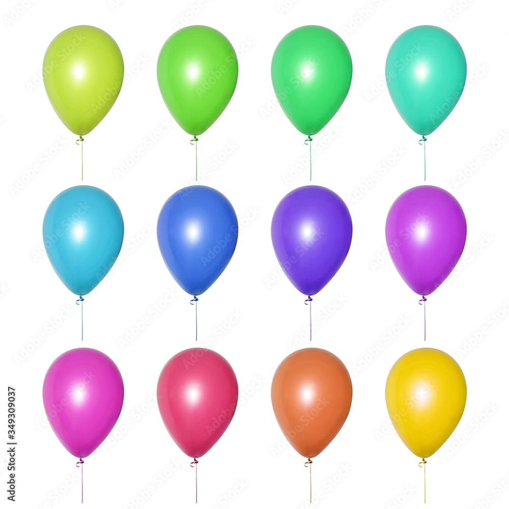 Set of bright multi-colored balloons of all shades, arranged in three rows. Isolated objects on a white background. Festive decoration for a children's birthday, wedding or party. Collage or banner. Set of bright multi-colored balloons of all shades, arranged in three rows. Isolated objects on a white background. Festive decoration for a children's birthday, wedding or party. Collage or banner.