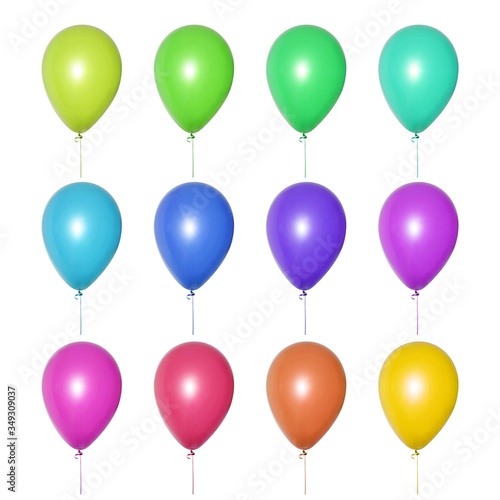 Set of bright multi-colored balloons of all shades, arranged in three rows. Isolated objects on a white background. Festive decoration for a children's birthday, wedding or party. Collage or banner.