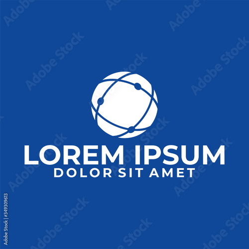 Atom technology logo template with sphere and line art illustration in flat design monogram symbol