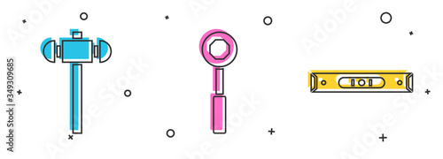 Set Sledgehammer, Wrench spanner and Construction bubble level icon. Vector