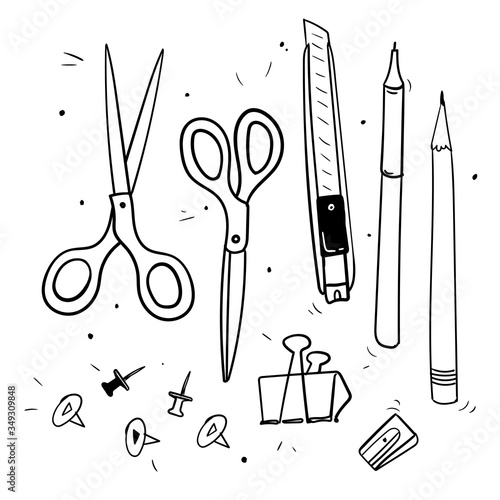 vector illustration of tools for creativity, scissors, pen, pencil, stationery knife, pin