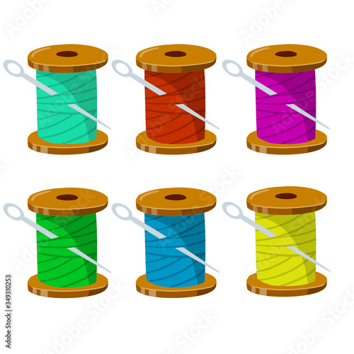 Embroidery and needle. Set of Coil and skein of color thread. Crafts and Hobbies. Clothing manufacturing and needlework. Flat cartoon illustration