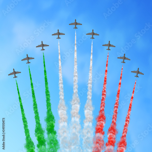 Vector illustration with nine planes and trails in green, white, and red colors of the flag of Italy, Mexico, or Hungary isolated on sky background. Good for national holiday greeting cards, banners.