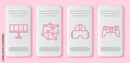 Set line Solar energy panel, Neural network, Virtual reality glasses and Gamepad. White rectangle button. Vector