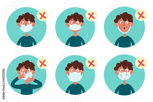 Set of infographic elements. Incorrect wearing of the face mask. Funny cartoon boy wears a mask improperly. Vector illustration isolated on white background.