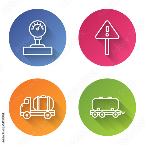 Set line Gauge scale, Exclamation mark in triangle, Tanker truck and Oil railway cistern. Color circle button. Vector