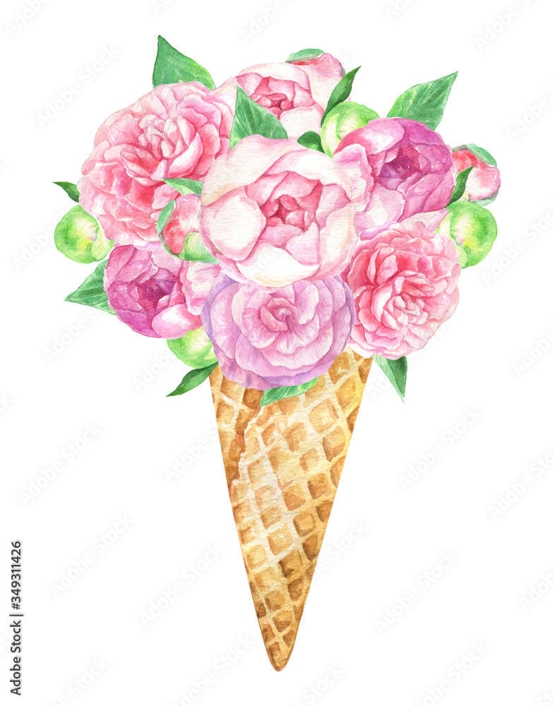 Watercolor illustration of an ice cream bouquet of peonies.