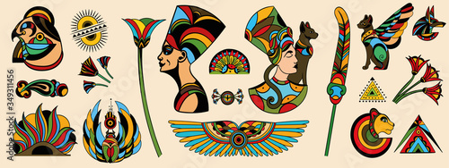 Large collection of colorful ancient tattoo designs from assorted cultures isolated on off white for design elements, colored vector illustration