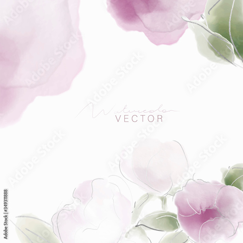 Hand-painted watercolor peonies. Flowers, abstract watercolor stains. Card template. Vector