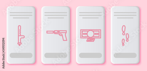 Set line Police rubber baton, Pistol or gun with silencer, Stacks paper money cash and Footsteps. White rectangle button. Vector