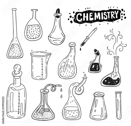 Hand drawn chemistry icons sketch set. Doodle flasks for your design.