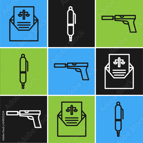 Set line Subpoena, Pistol or gun with silencer and Pen icon. Vector