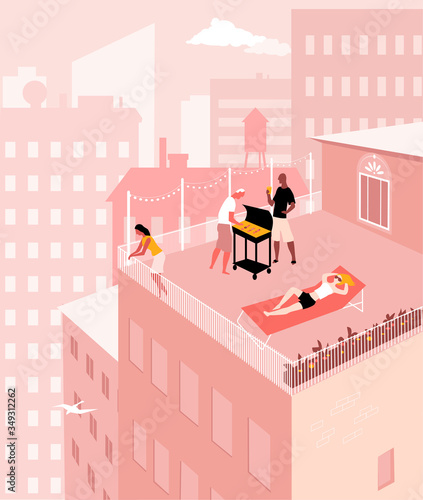 People having a barbecue party on a rooftop terrace in a city in summer, EPS 8 vector illustration