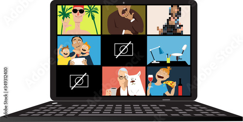 Computer screen showing a video-conference between remote workers, having multiple technical and organisational problems, EPS 8 vector illustration