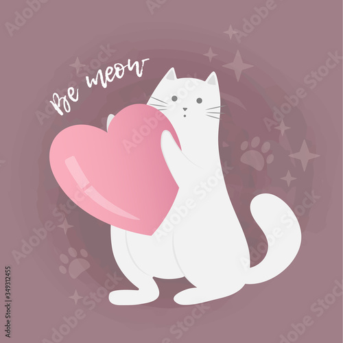 Cute cartoon white vector cat holding big heart. Valentine's day card, save the date greeting card, love card. Background with paws and stars. Be meow