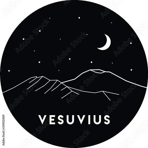 Vector black and white illustration of the volcano Vesuvius in Italy.