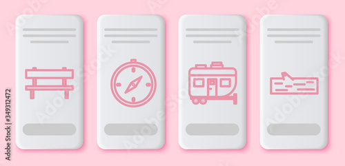 Set line Bench, Compass, Rv Camping trailer and Wooden log. White rectangle button. Vector