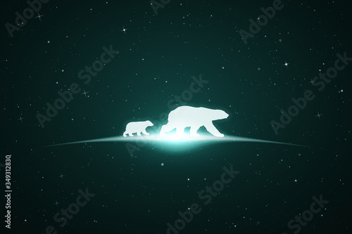 Bear family in space. Vector conceptual illustration with white silhouettes of endangered animals and glowing outline. Surreal green background for greeting cards, posters and other design