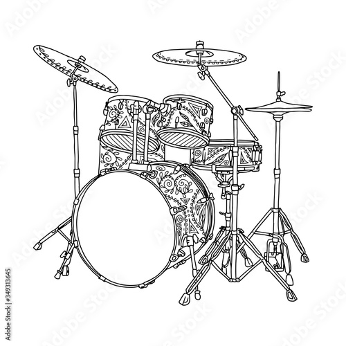 Vector coloring with drum kit. Drawn in black outline on a white background. For coloring by children and adults. 
