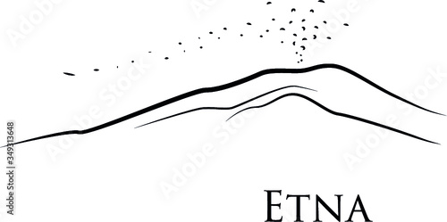 Mount Etna, Sicily, Italy. Vector black and white illustration of a volcanic eruption. Line drawing
