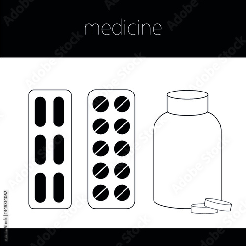 Set of black and white vector illustrations of tablets and medicine. Line drawing.