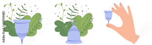 Menstrual period use cup to collecting blood. Menstrual cup hygiene device used in feminine menstruation period. Vector infographic instruction.