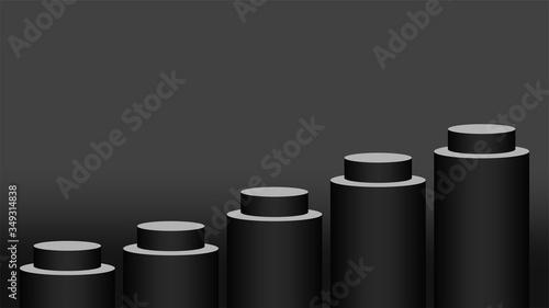 black pedestal cylinder circle five steps for cosmetics showcase, 3d podium circle stage black grey color, platform 5 steps for advertising copy space, podium round five layers for product display