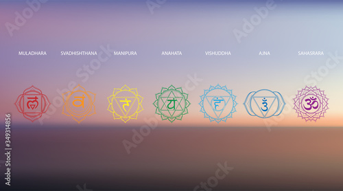 Vector abstract aerial panoramic view of sunrise over ocean with chakras icon set: muladhara, swadhisthana, manipura, anahata, vishuddha, ajna, sahasrara. Illustration of meditation and relaxation.