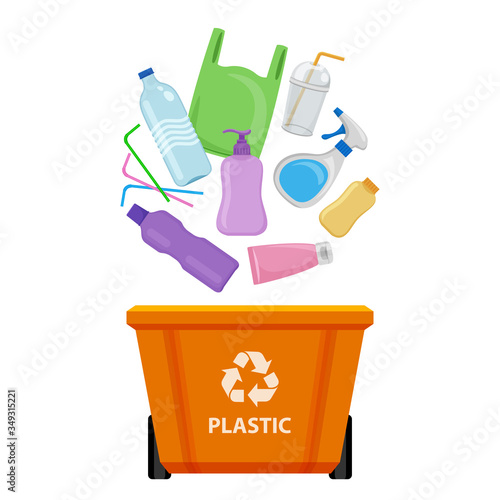 plastic waste and orange recycling plastic bin isolated on white background, bin and plastic collection garbage, waste plastic bottle and straws tube, illustration clip art bin, 3r garbage