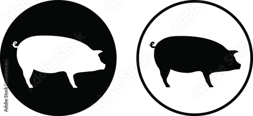 Set of vector icons of a pig. Sign for the pig farm. Vector black and white illustration of a big hog.