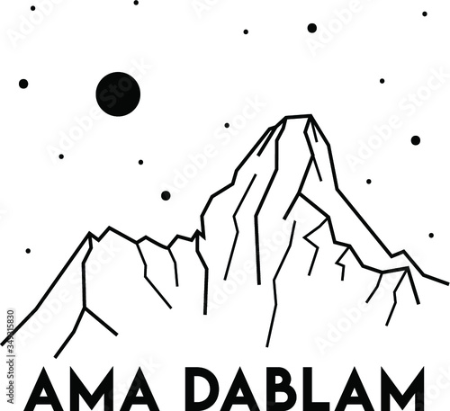 Ama Dablam. Mountain in Nepal. Vector black and white illustration. Print design. Card. Travel and tourism. Adventure. Camping. Can be used as a print for clothes, T-shirts, blazers, souvenirs