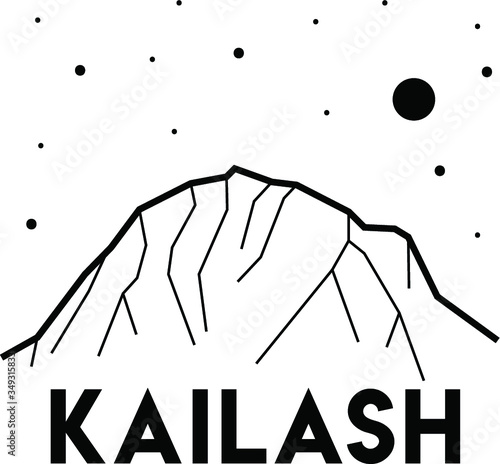 Mount Kailash. Peak in China. Vector black and white illustration. Print design. Card, poster. Nature, mountains. Himalayas, Transhimalaya. Can be used as a print for clothes, T-shirts, souvenirs