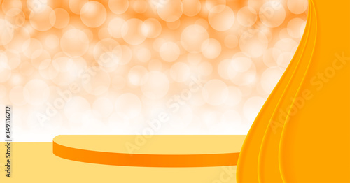 orange pedestal stage 3d on bokeh and curtain, stage podium orange with curtains for cosmetics product display show, pedestal stand deluxe for backdrop, stage pedestal for award and success concept