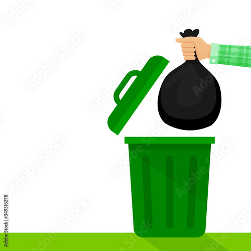 hand holding black plastic trash bag and green bin, bags waste and hands throwing garbage isolated on white, plastic bags of garbage waste in hand, bin bag plastic for disposal garbage and copy space