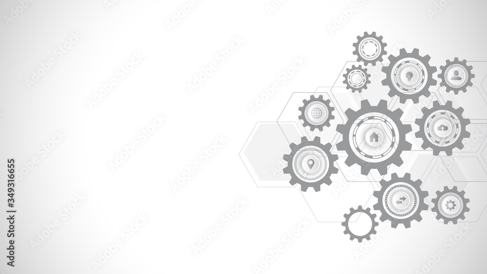 Information technology with infographic elements and flat icons. Cogs and gear wheel mechanisms. Hi-tech digital technology and engineering. Abstract technical background. Information technology with infographic elements and flat icons. Cogs and gear wheel mechanisms. Hi-tech digital technology and engineering. Abstract technical background.
