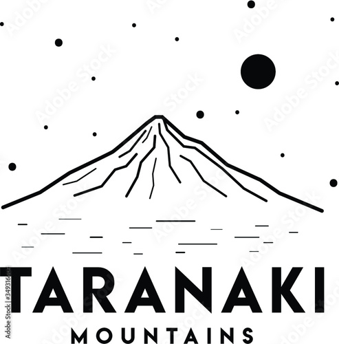 Mount Taranaki. Nature of New Zealand, mountains. Vector black and white illustration. Stratovolcano. Print design, line art, line drawing. Abstract