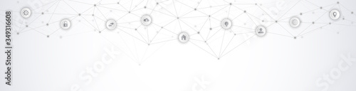 Website header or banner design with abstract technical background and connecting dots and lines. Digital technology and communication concept with flat icons.