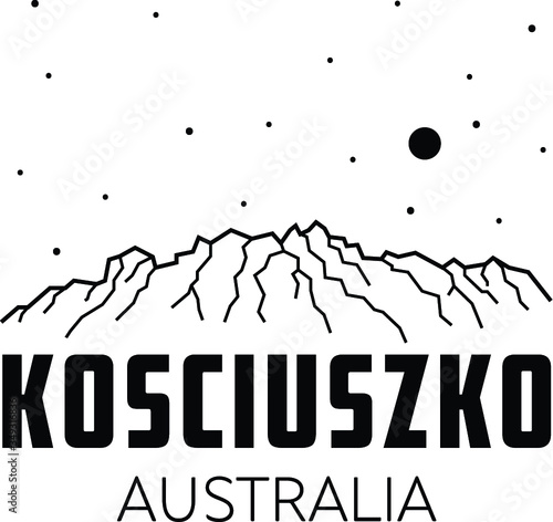 Kosciuszko. Mount in Australia. Vector black and white illustration of mountains. Travel and tourism. Card, poster. Print design
